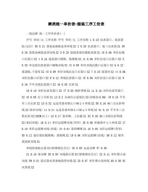 裤类统一单价表-服装工序工价表