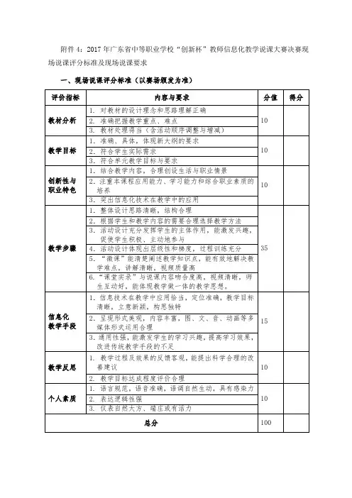 创新杯教师信息化教学说课大赛决赛现场说课评分标准