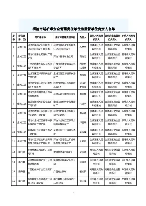 河池市尾矿库安全管理责任单位和监管单位负责人名单
