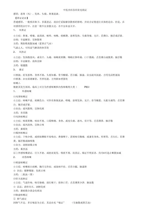中医内科各科常见病证