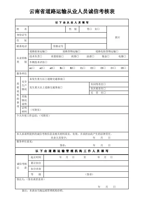 云南省道路运输从业人员诚信考核表