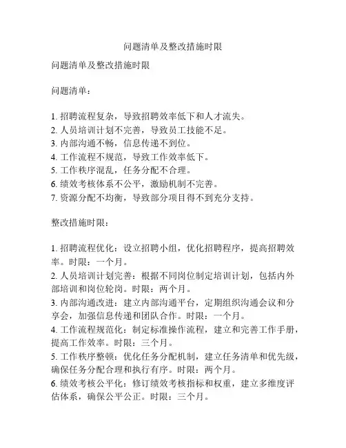 问题清单及整改措施时限