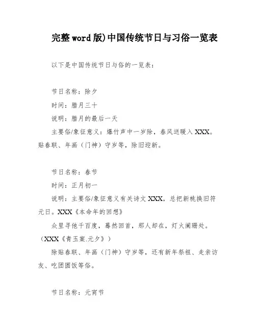 完整word版)中国传统节日与习俗一览表