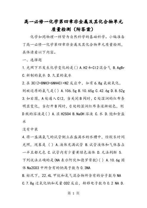高一必修一化学第四章非金属及其化合物单元质量检测(附答案)-word文档资料