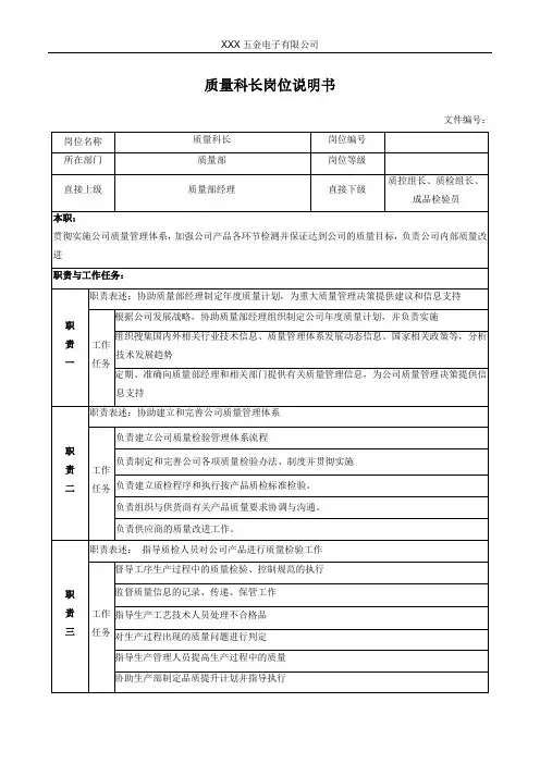 质量科长岗位说明书