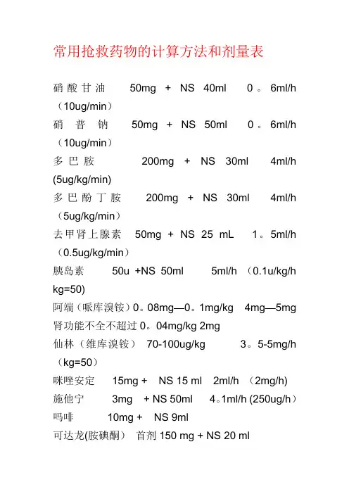 常用抢救药物的计算方法和剂量表