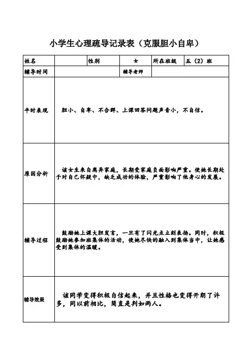 小学生心理疏导记录表(克服胆小自卑) 