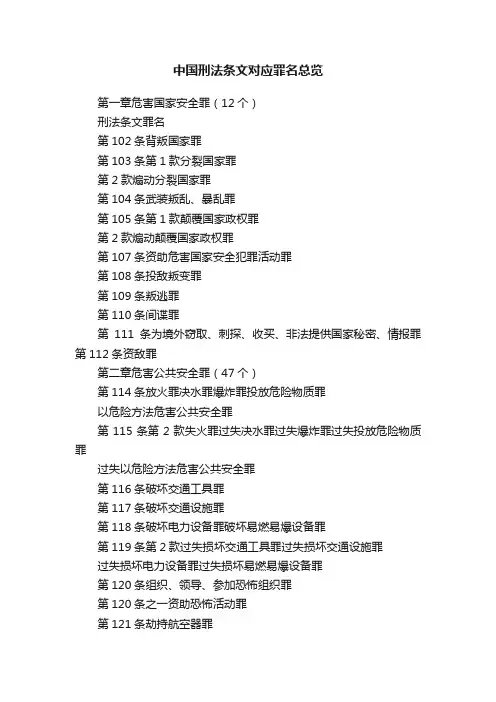 中国刑法条文对应罪名总览