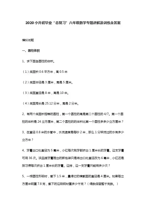2020小升初毕业“总复习”六年级数学专题讲解及训练含答案