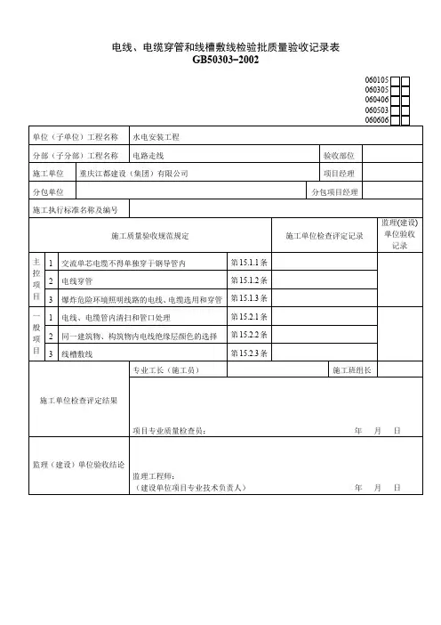 电线、电缆穿管和线槽敷线检验批质量验收记录表.