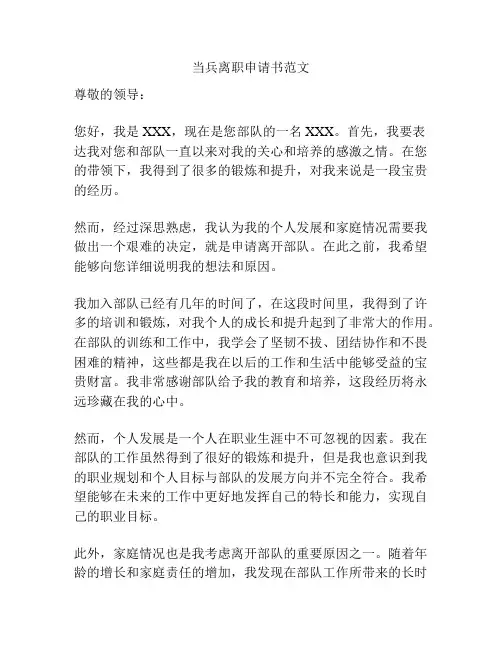 当兵离职申请书范文