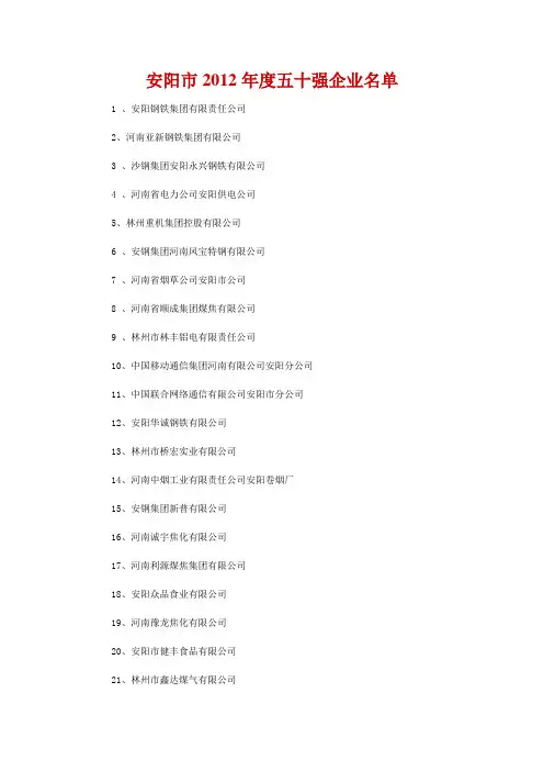 安阳市2012年度五十强企业名单