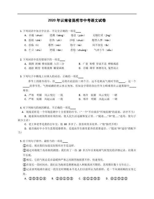2020年云南省昆明市中考语文试卷