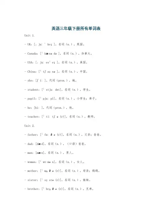 英语三年级下册所有单词表