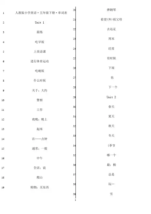 最新人教版pep小学英语五年级下册单词表听写