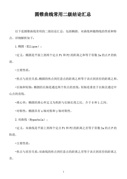 圆锥曲线常用二级结论汇总