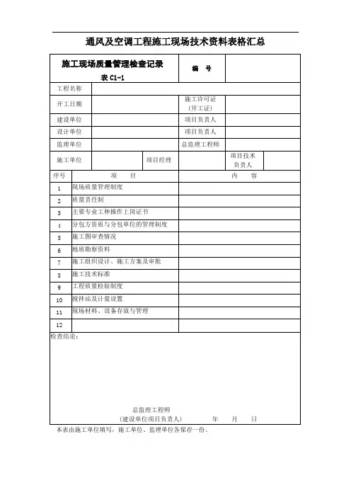 通风及空调工程施工现场技术资料表格汇总大全