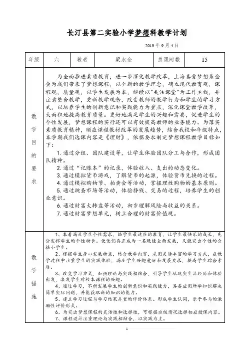 六年级梦想课《理财》教学计划表