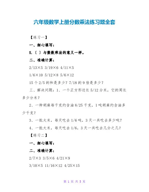 六年级数学上册分数乘法练习题全套
