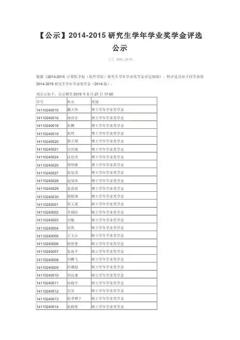 复旦计算机学院2014-2015研究生学年学业奖学金评选公示