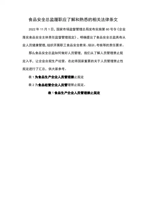 食品安全总监履职应了解和熟悉的相关法律条文