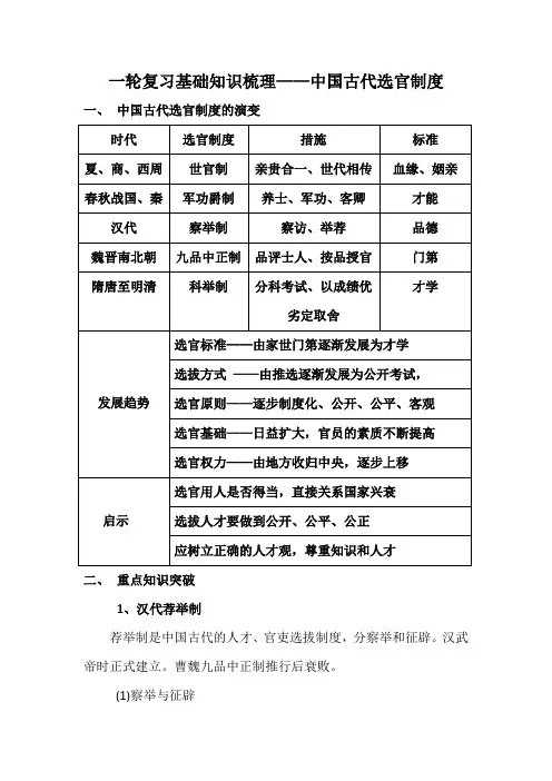 一轮复习基础知识梳理——中国古代选官制度