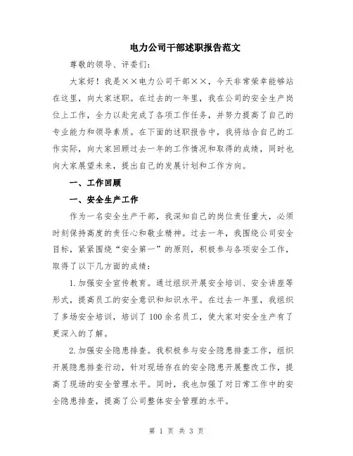 电力公司干部述职报告范文
