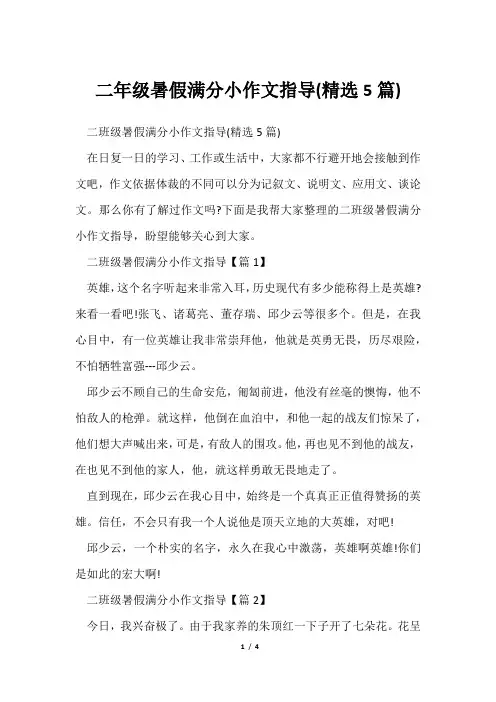 二年级暑假满分小作文指导(精选5篇)