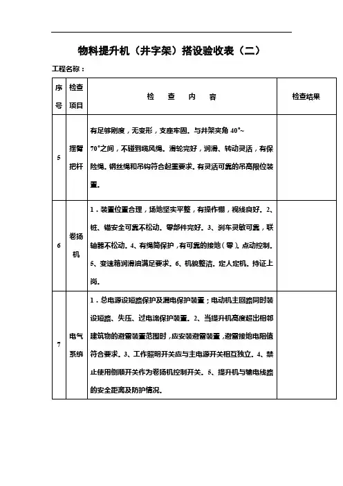 物料提升机(井字架)搭设验收表(二)