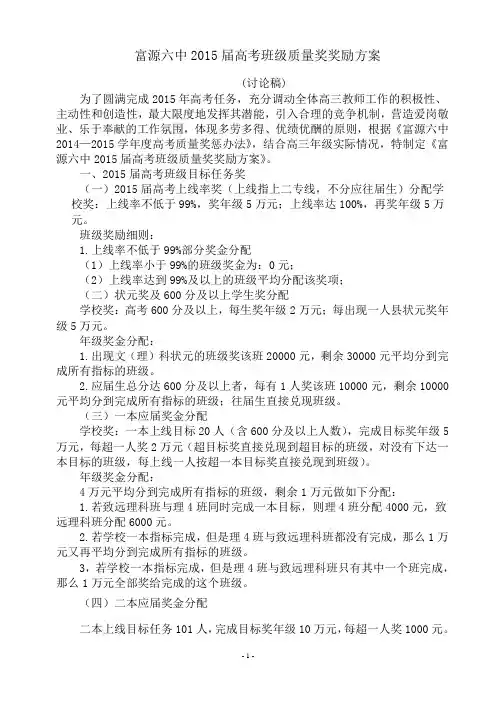 富源六中2015届高考班级质量奖奖励方案