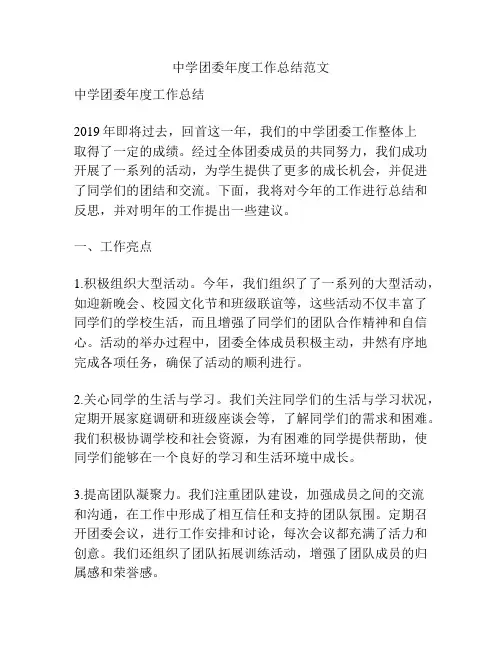 中学团委年度工作总结范文