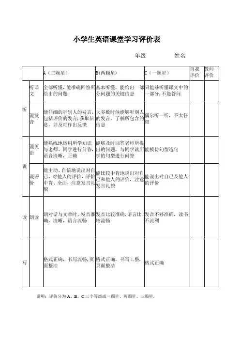 小学生英语课堂学习评价表
