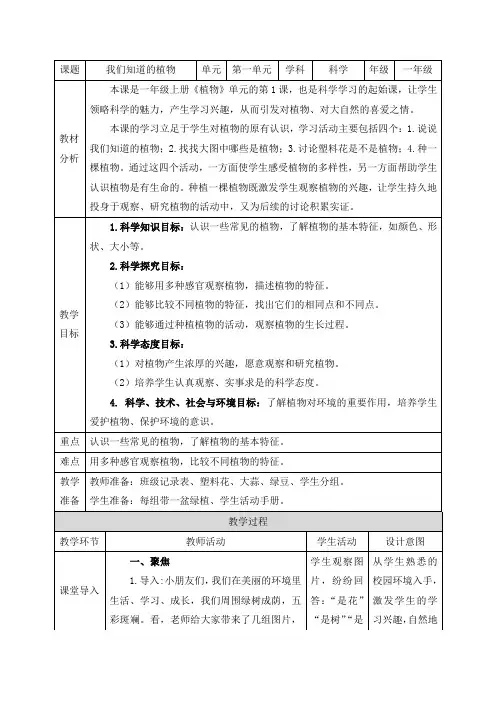 教科版(2024)一年级科学上册第一单元《1.我们知道的植物》精品教案