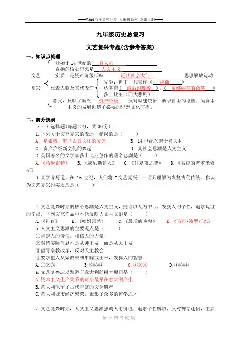 九年级历史总复习文艺复兴专题练习(含参考答案)