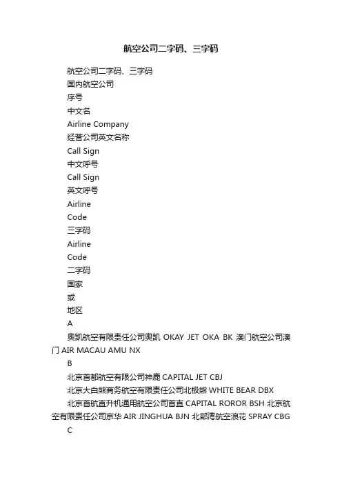 航空公司二字码、三字码