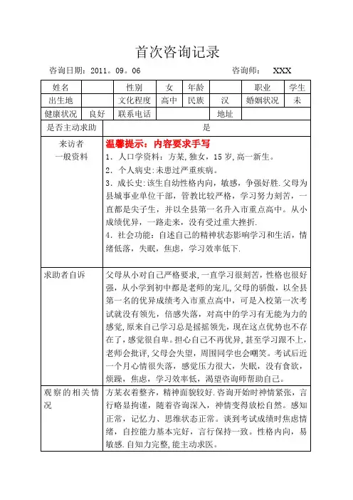 心理咨询记录模板【范本模板】
