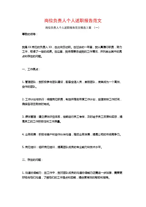 岗位负责人个人述职报告范文2篇
