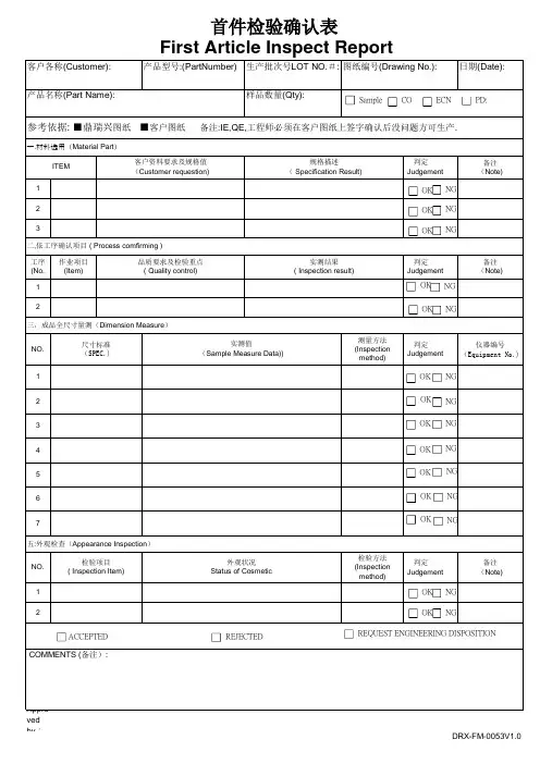 首件检验确认表