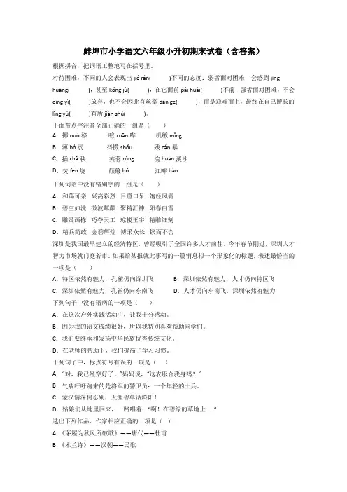 蚌埠市小学语文六年级小升初期末试卷(含答案)