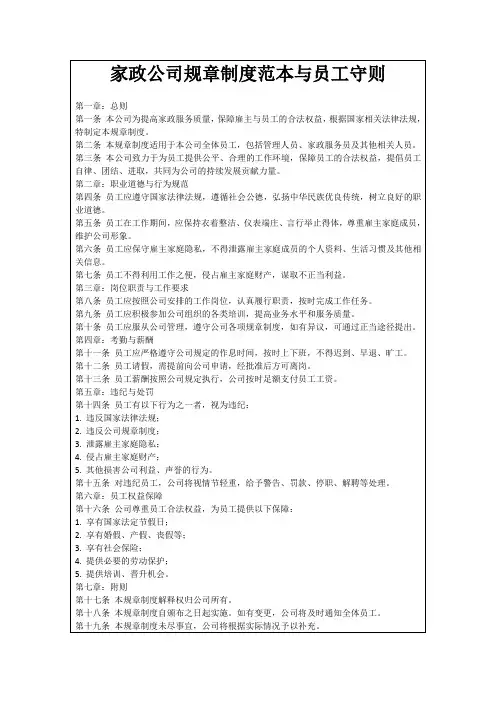 家政公司规章制度范本与员工守则