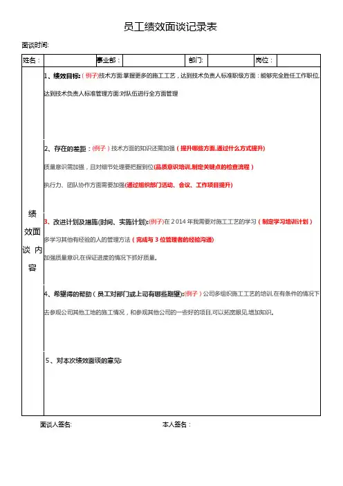 员工绩效面谈记录表