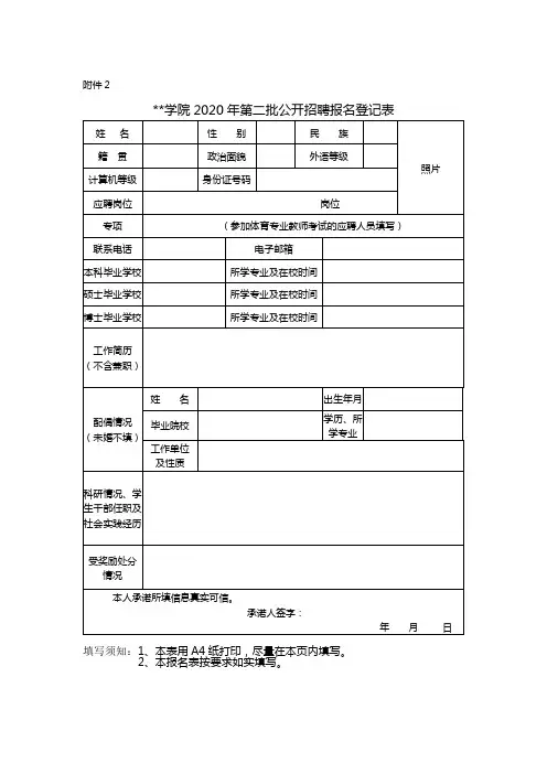 学院2020年第二批公开招聘报名登记表【模板】