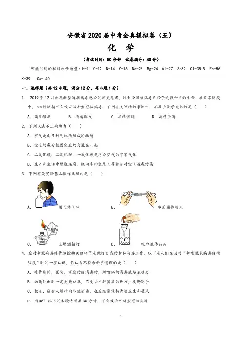 安徽省2020届中考化学全真模拟卷(五)含答案