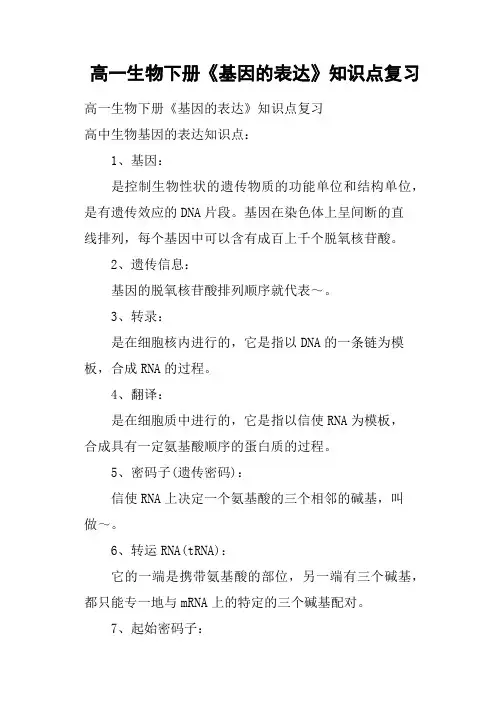 高一生物下册《基因的表达》知识点复习