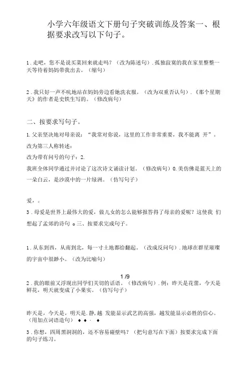 小学六年级语文下册句子突破训练及答案