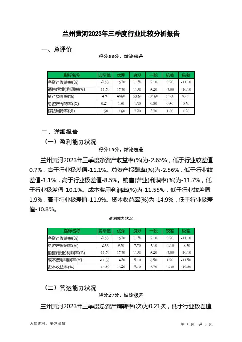 000929兰州黄河2023年三季度行业比较分析报告