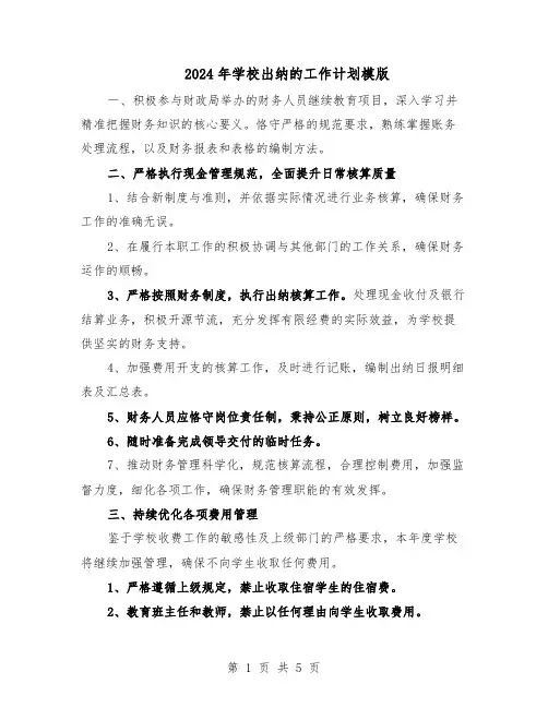 2024年学校出纳的工作计划模版（3篇）