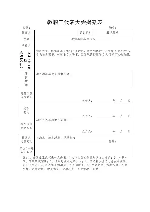 小学教职工代表大会提案表共15张