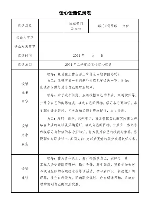 中铁建项目员工：谈心谈话记录表2