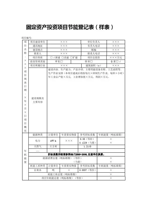 固定资产投资项目节能登记表(样表)